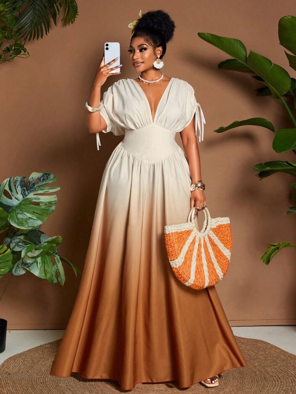 Multicolor Elegant Ombre Tie Bow V-Neck A-Line Plus Size Women's Maxi Dress